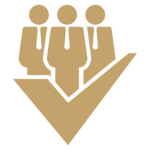A checkmark with three business suits on top.