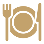 A fork and knife with a plate.